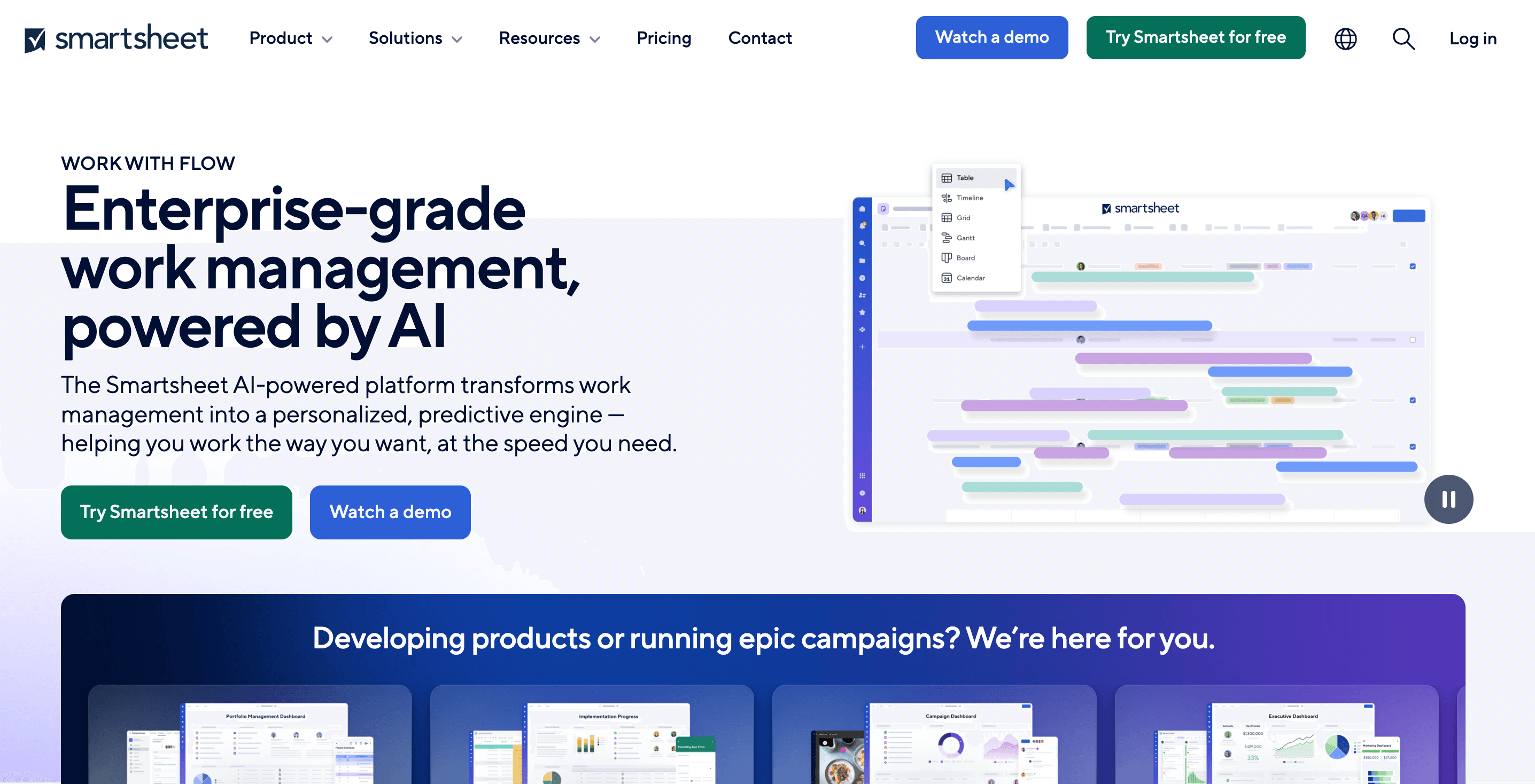 A screenshot of the Smartsheet homepage. A screenshot of the Smartsheet homepage.