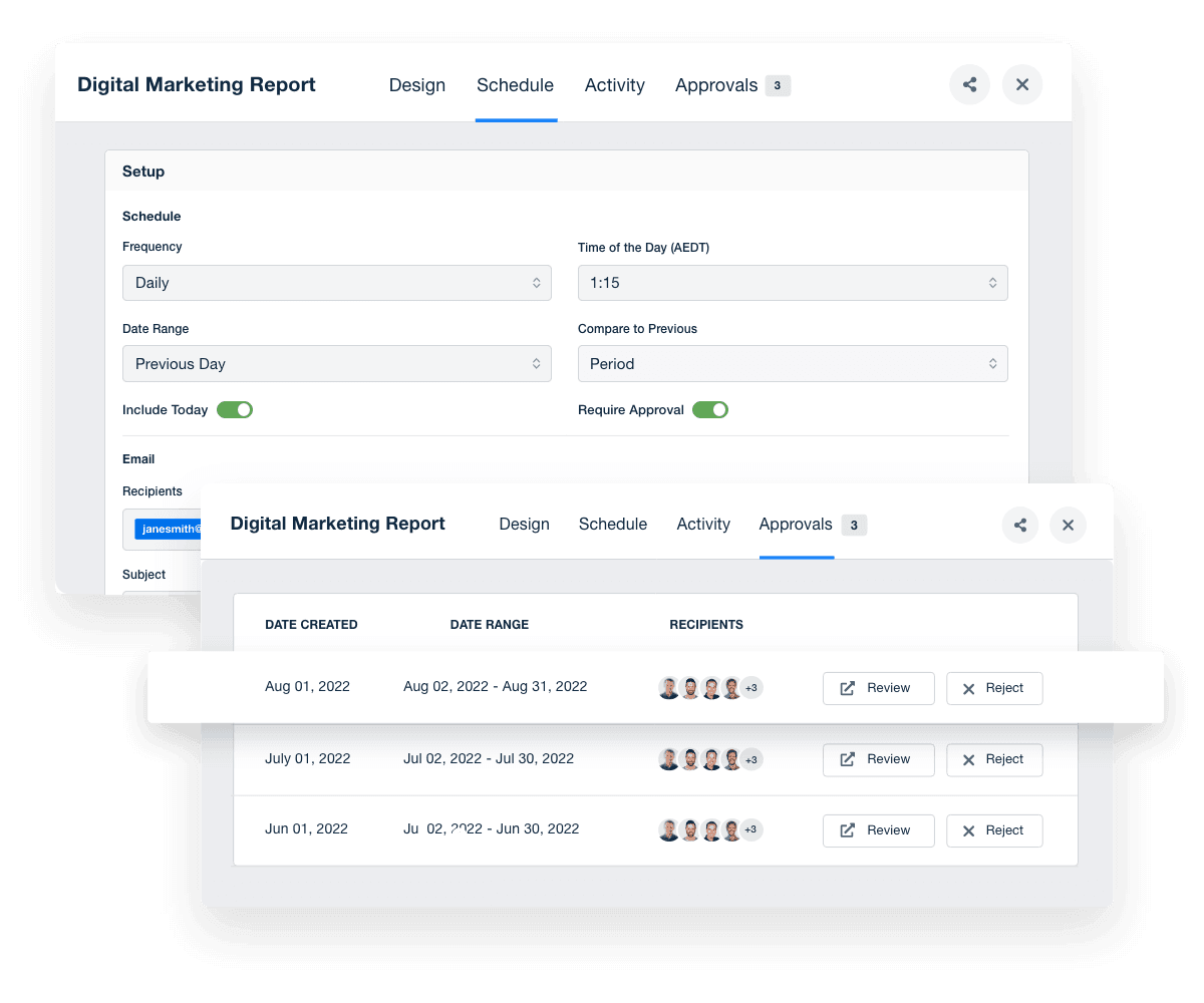 An example of the AgencyAnalytics report scheduling feature for automated marketing reports An example of the AgencyAnalytics report scheduling feature for automated marketing reports