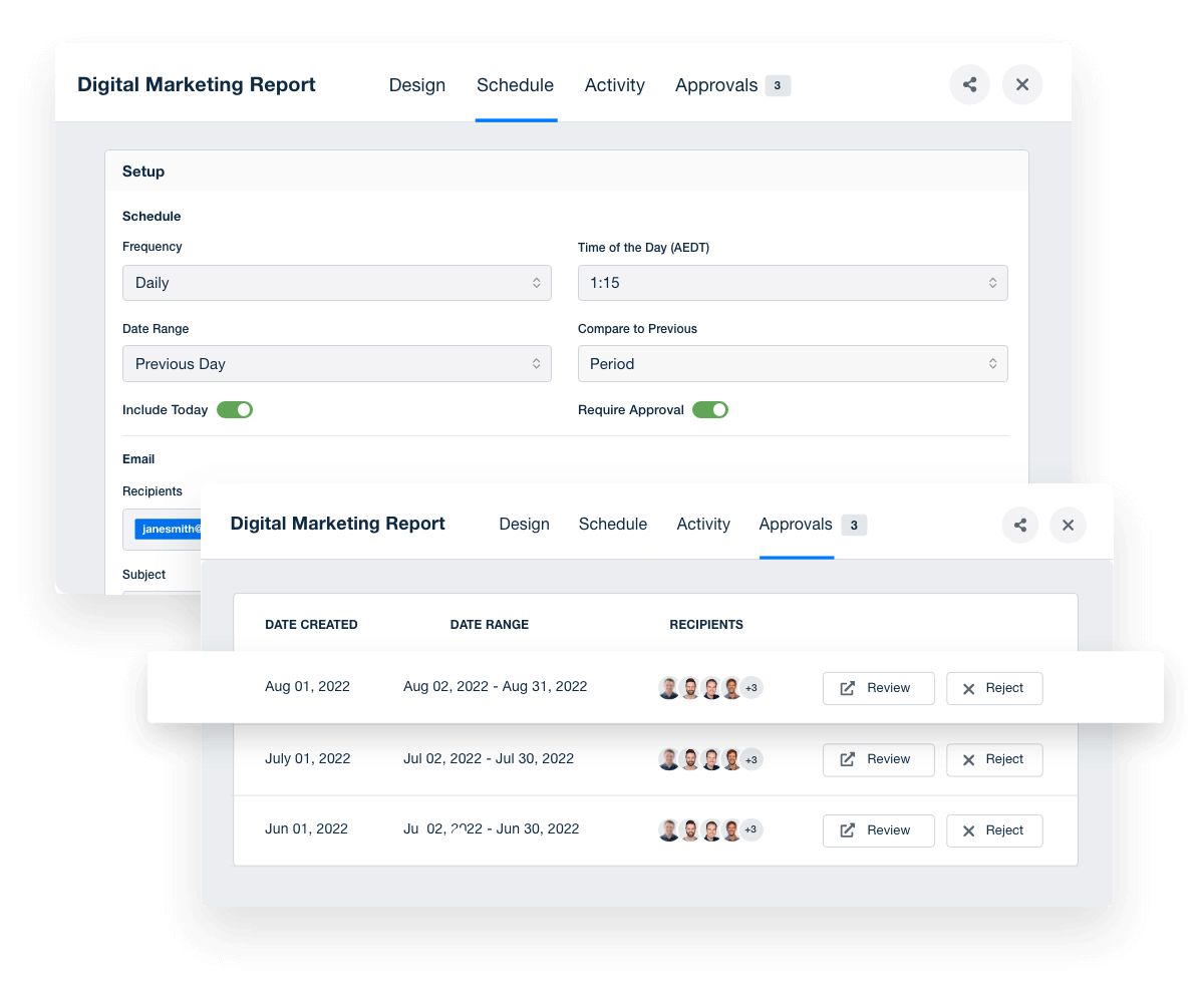 An example of the AgencyAnalytics report scheduling feature for automated marketing reports An example of the AgencyAnalytics report scheduling feature for automated marketing reports