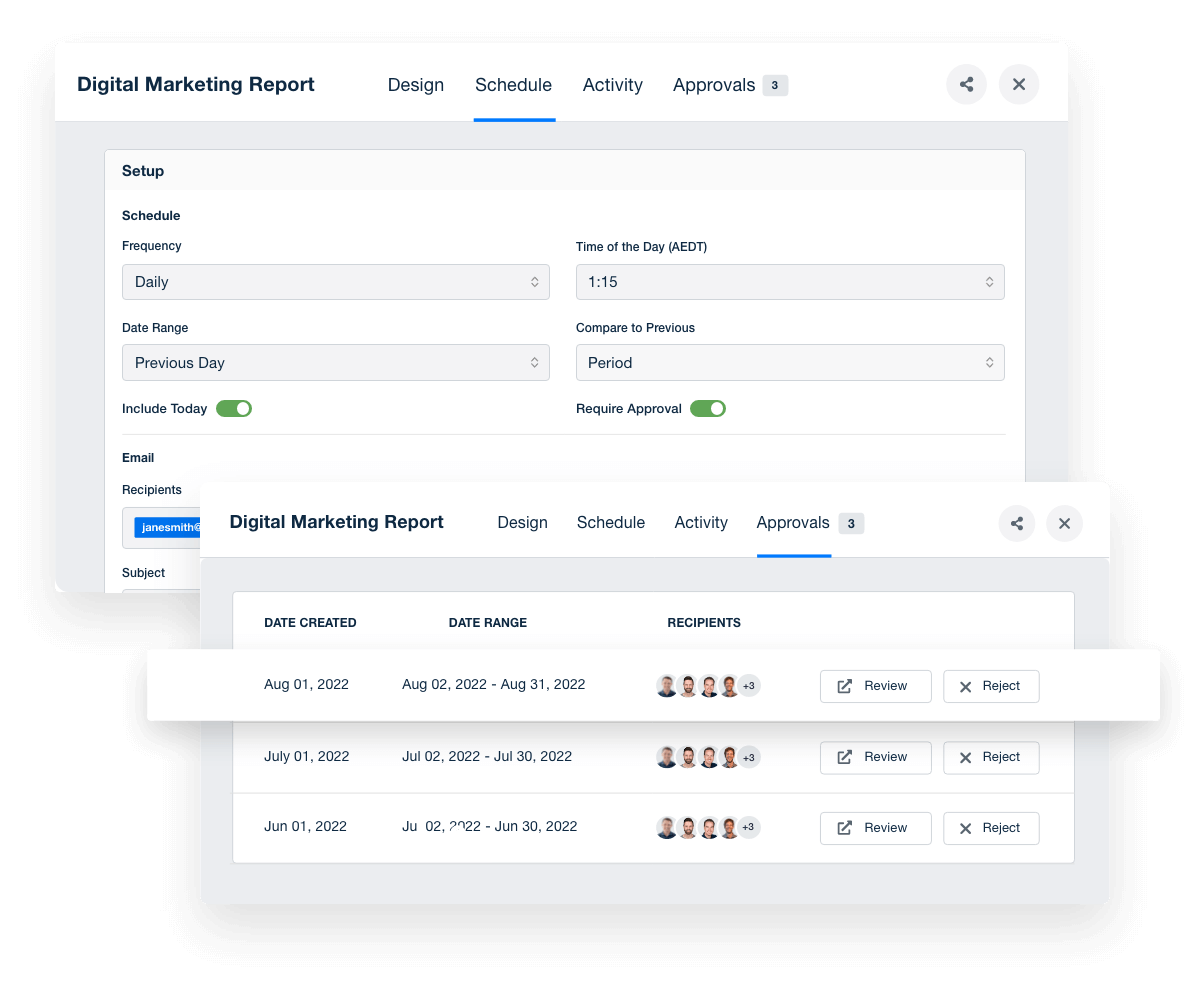 An example of the AgencyAnalytics report scheduling feature for automated marketing reports