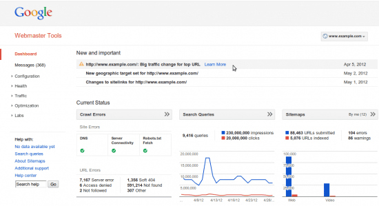 Google Webmaster Tools Screenshot Google Webmaster Tools Screenshot