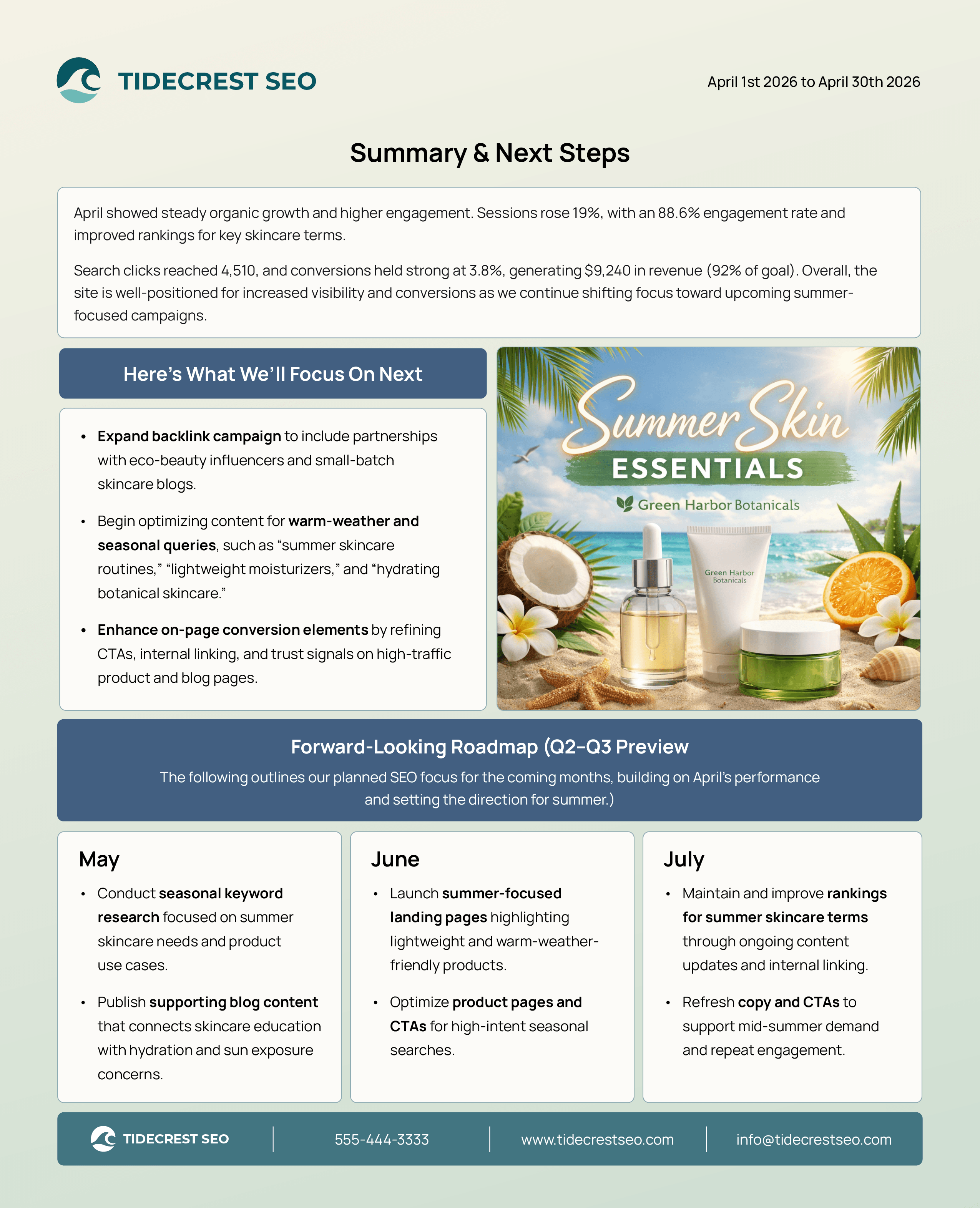 The summary and next steps page wraps everything up with a final recap. It reinforces how your agency is progressing toward the client’s long-term goals—and what comes next.
The summary and next steps page wraps everything up with a final recap. It reinforces how your agency is progressing toward the client’s long-term goals—and what comes next.