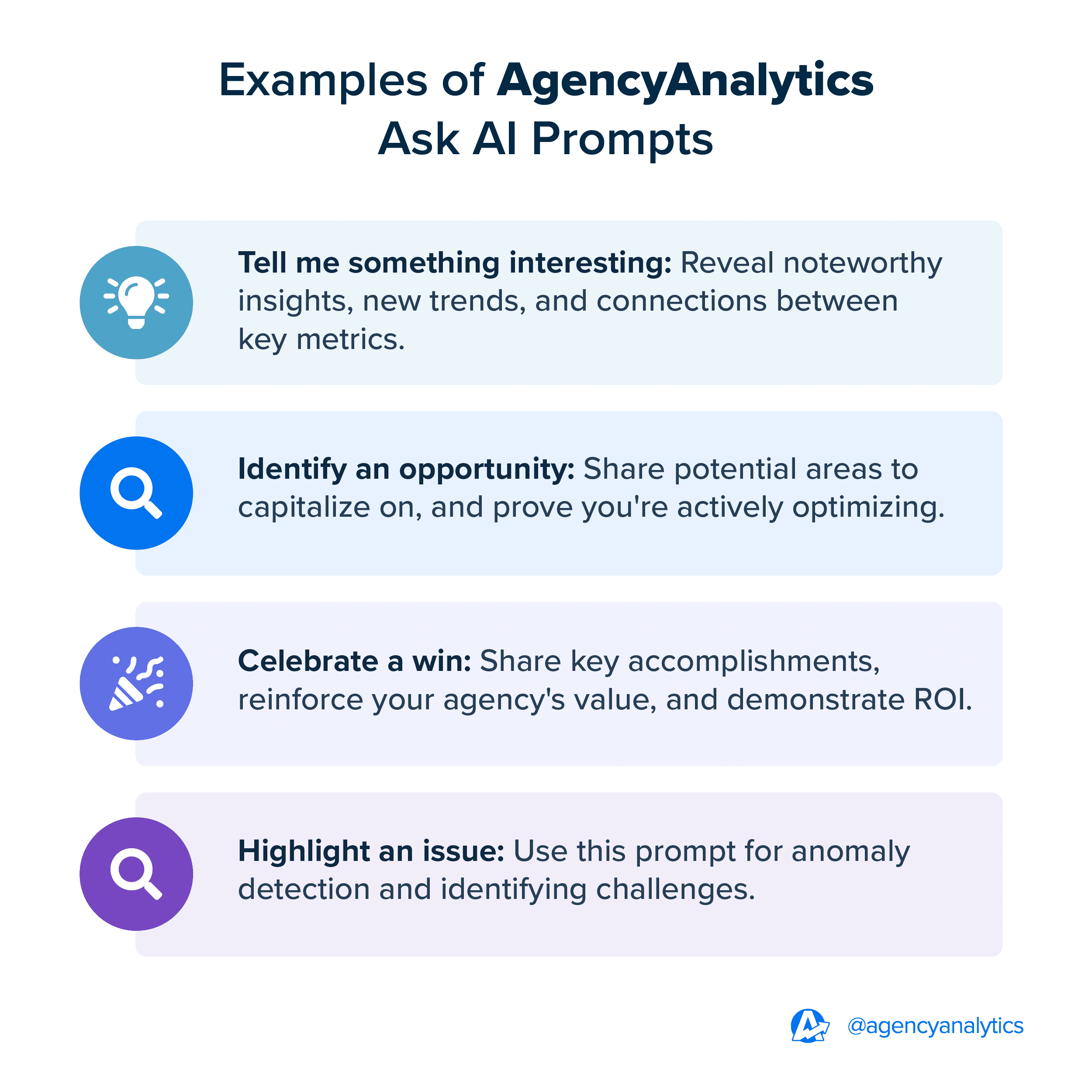 Use the AgencyAnalytics Ask AI prompts to quickly surface performance insights. Use the AgencyAnalytics Ask AI prompts to quickly surface performance insights.