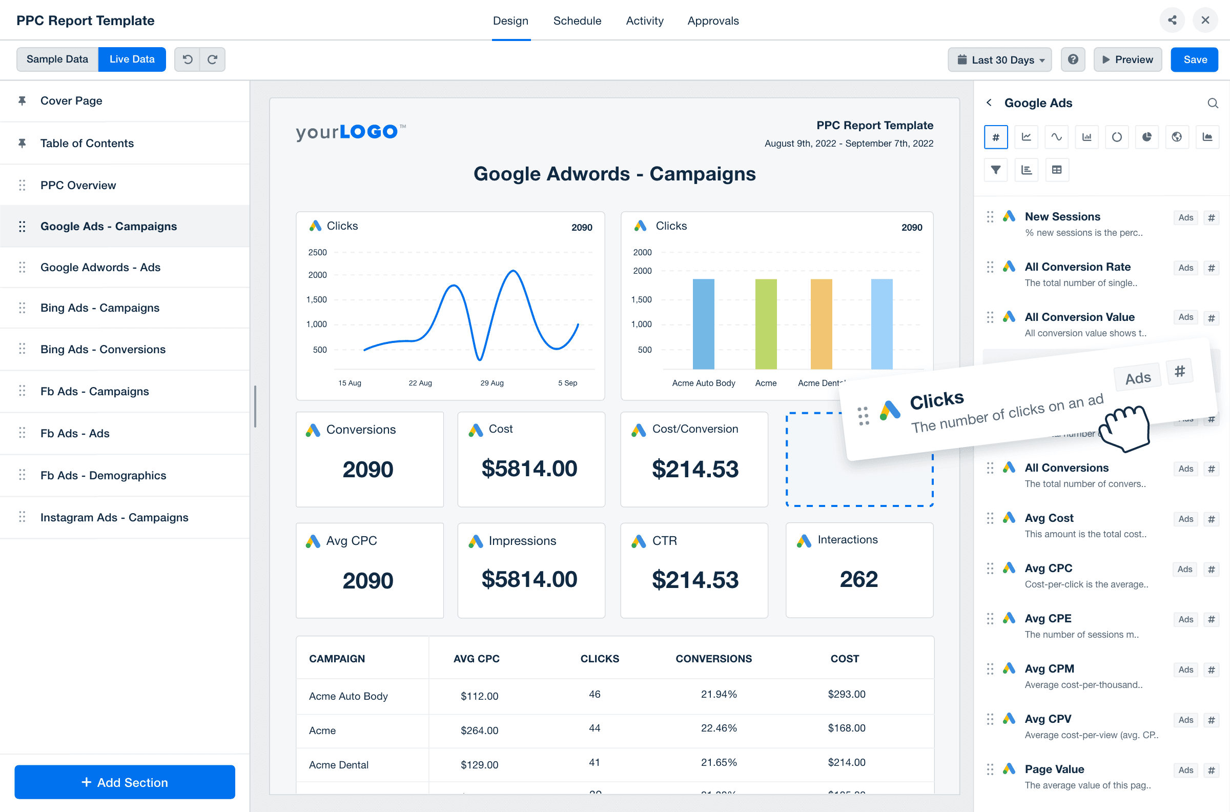 drag and drop report builder featuring important kpis