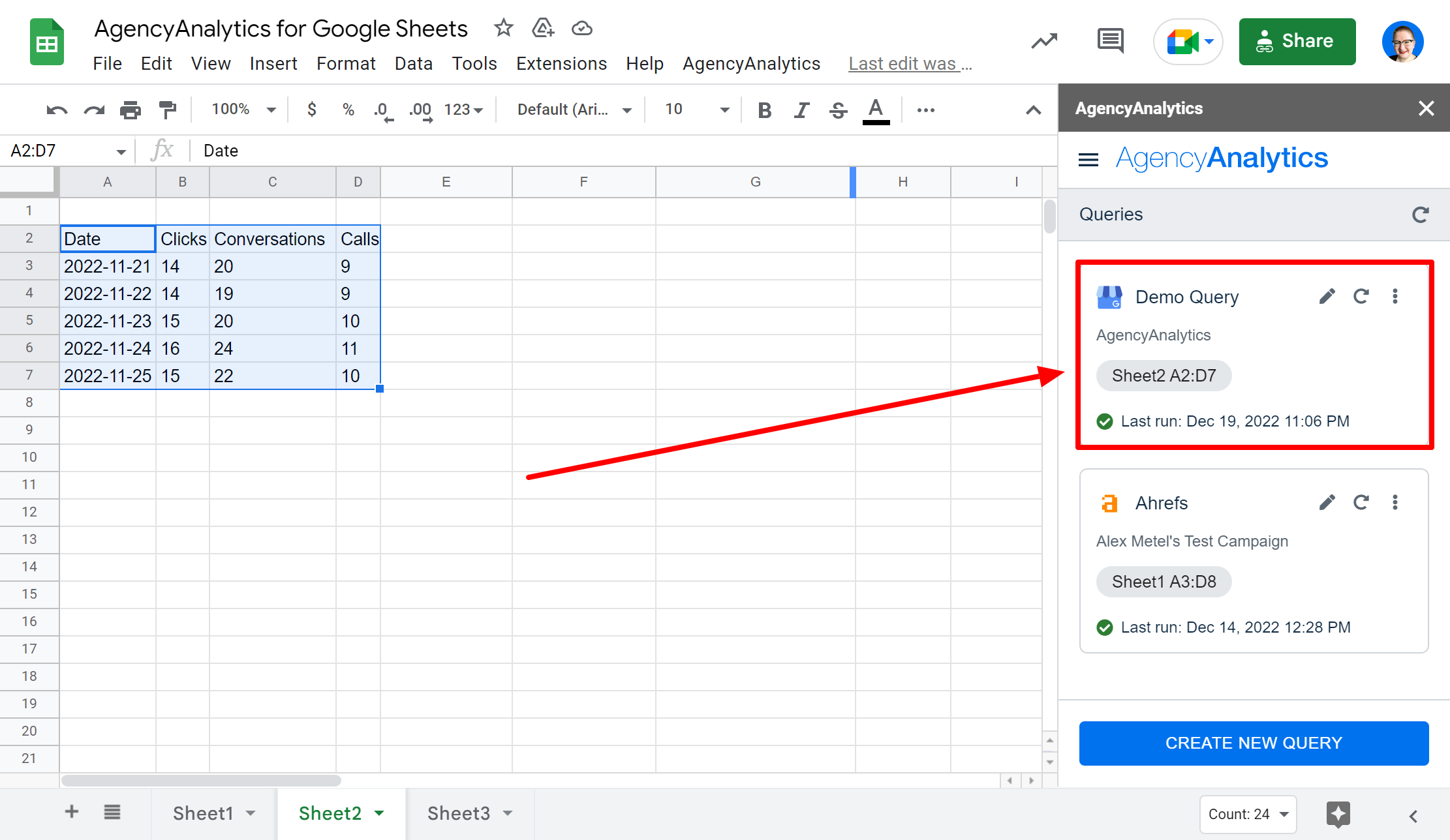 An image showing where data queries are stored in AgencyAnalytics for Google Sheets An image showing where data queries are stored in AgencyAnalytics for Google Sheets