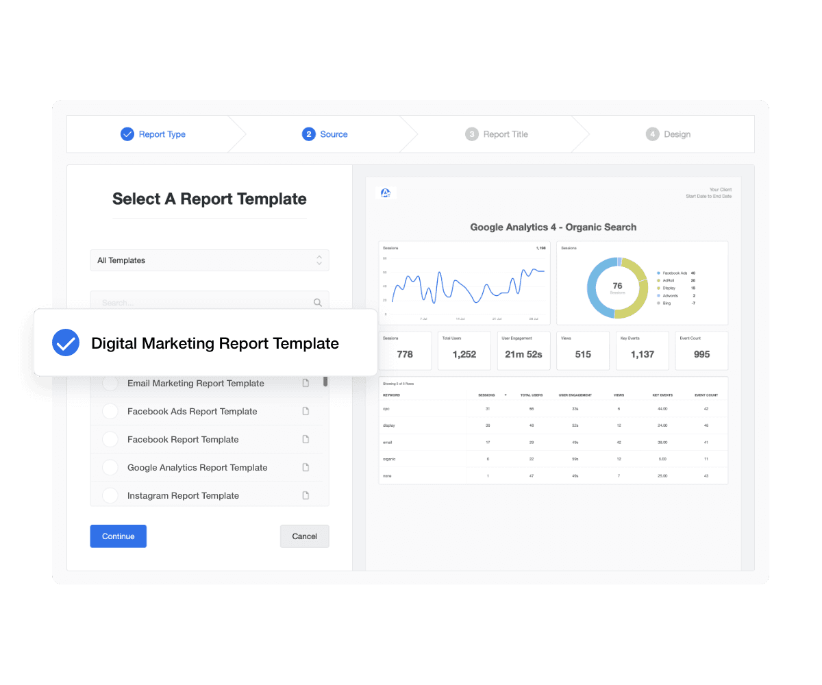 An example of the client-facing marketing report templates in the AgencyAnalytics platform An example of the client-facing marketing report templates in the AgencyAnalytics platform