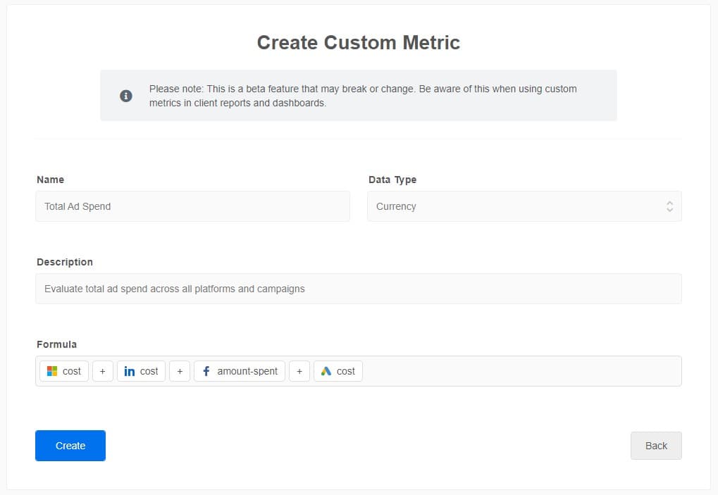 Ad Spend Custom Metric Example