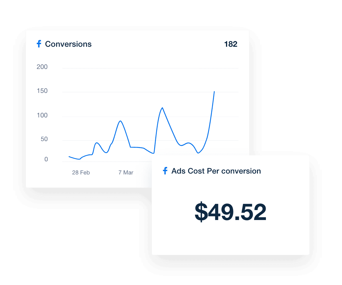 Facebook Ads conversion metrics example to demonstrate ROI automatically with the AgencyAnalytics Facebook Ads reporting tool