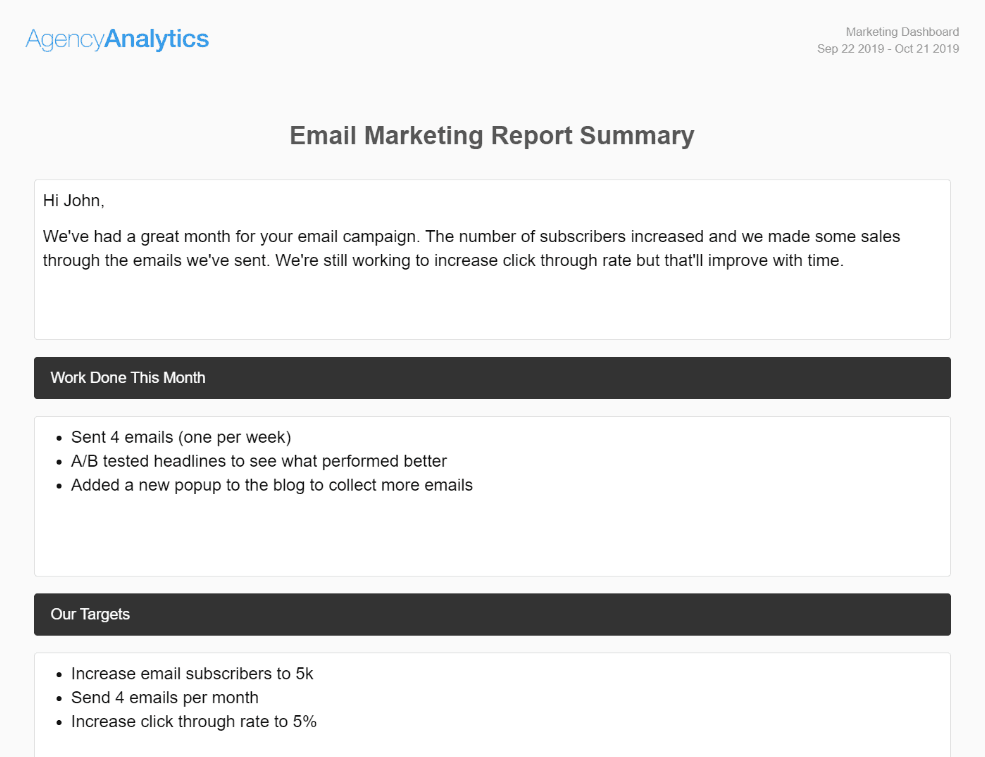AgencyAnalytics Email Marketing Report Summary 