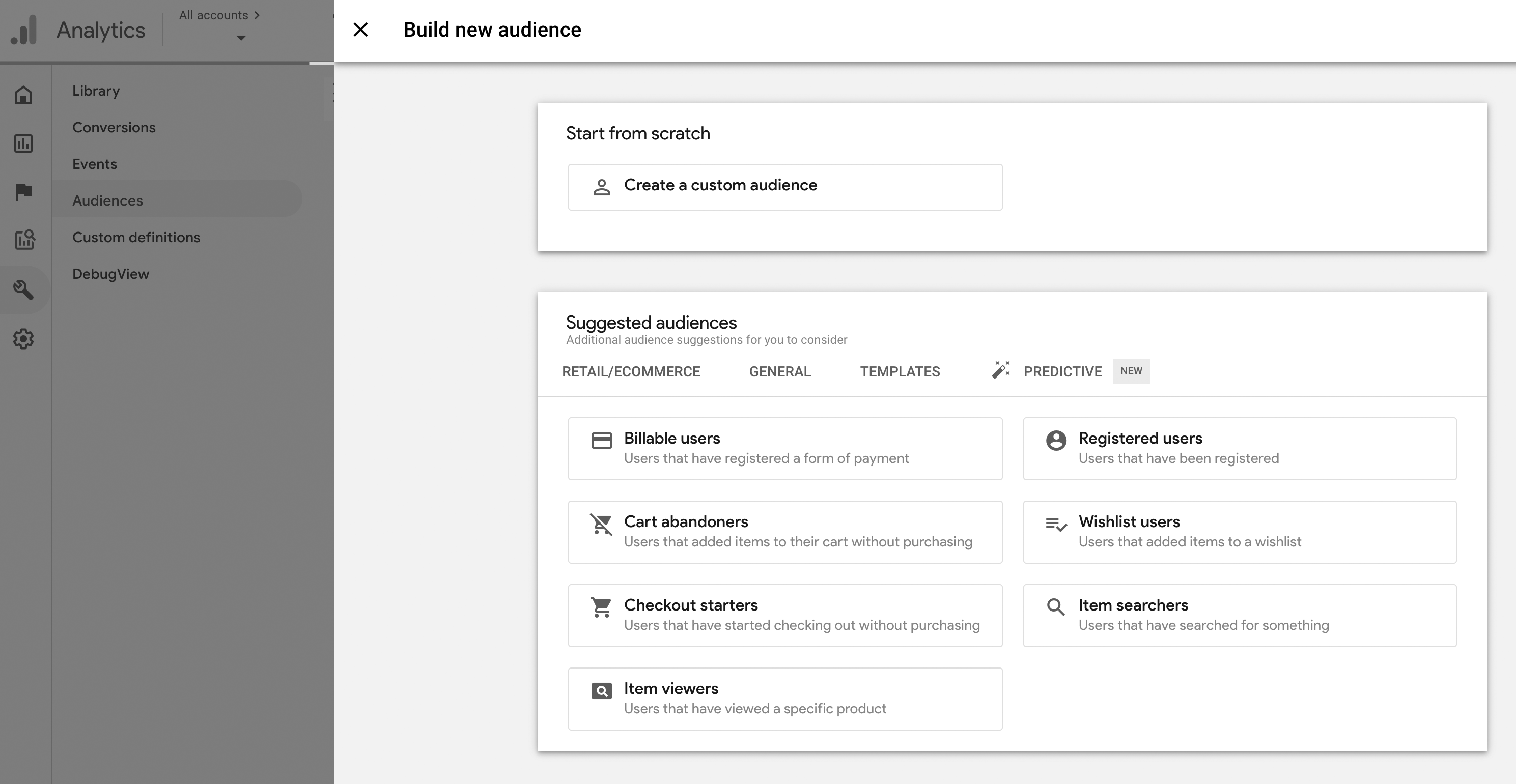 Build new audience” screen in Google Analytics 4