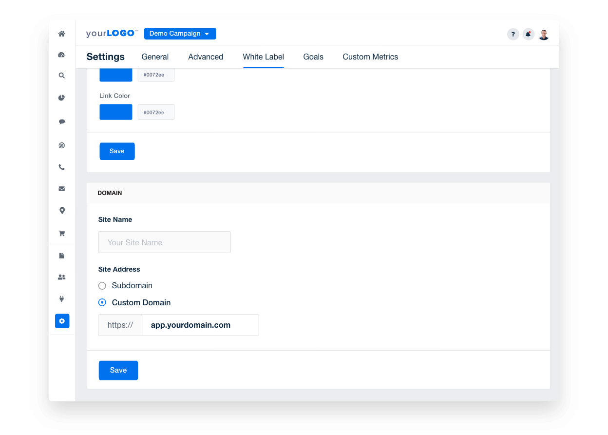 A screenshot of the Custom Domain and Email Settings in the AgencyAnalytics appplication