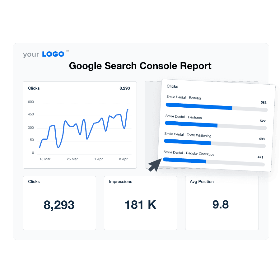 An illustration of the drag-and-drop Google Search Console report template builder An illustration of the drag-and-drop Google Search Console report template builder