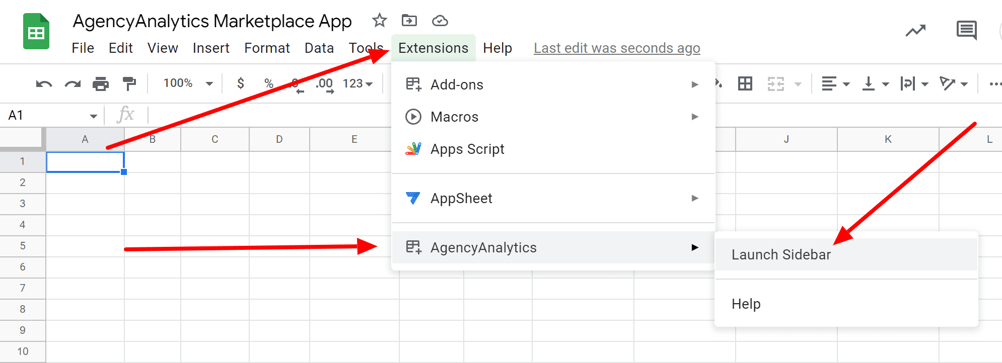 An image showing how to launch the AgencyAnalytics for Google Sheets sidebar