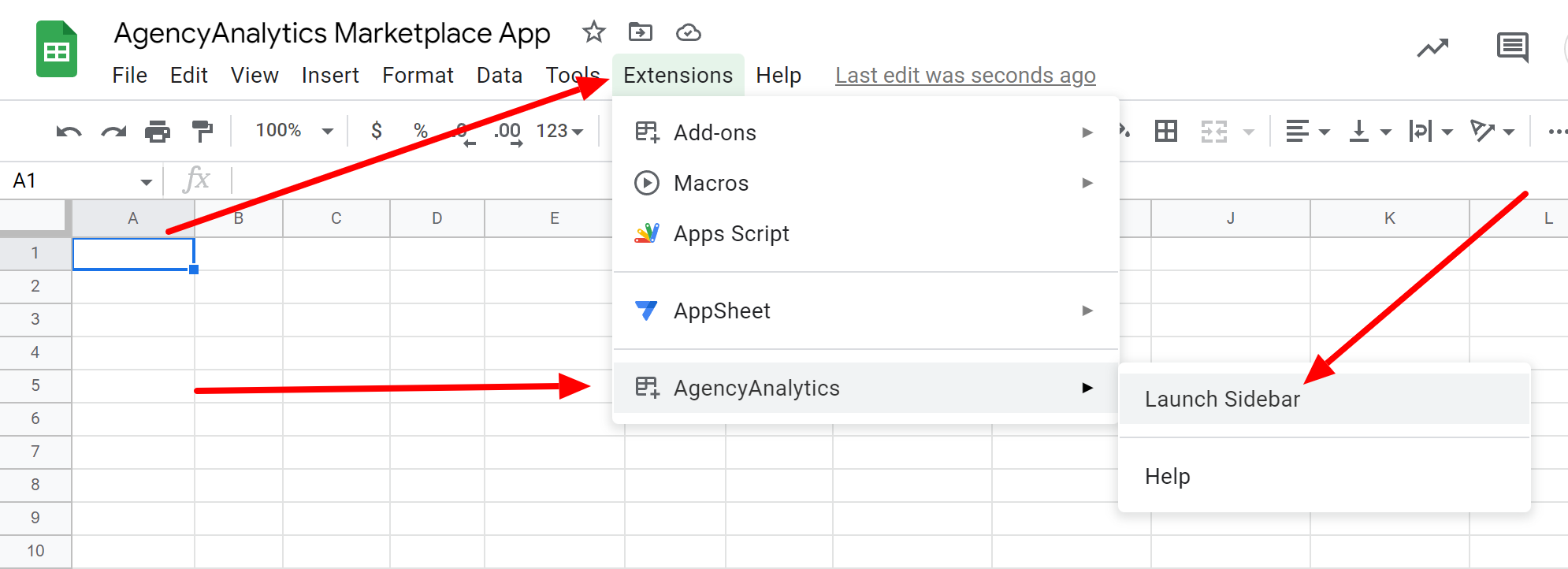 An image showing how to launch the AgencyAnalytics for Google Sheets sidebar An image showing how to launch the AgencyAnalytics for Google Sheets sidebar
