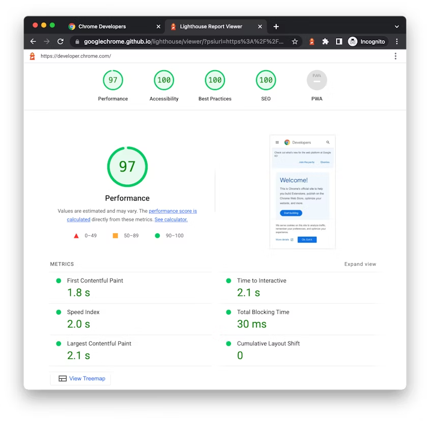 Google Lighthouse Performance Score Example