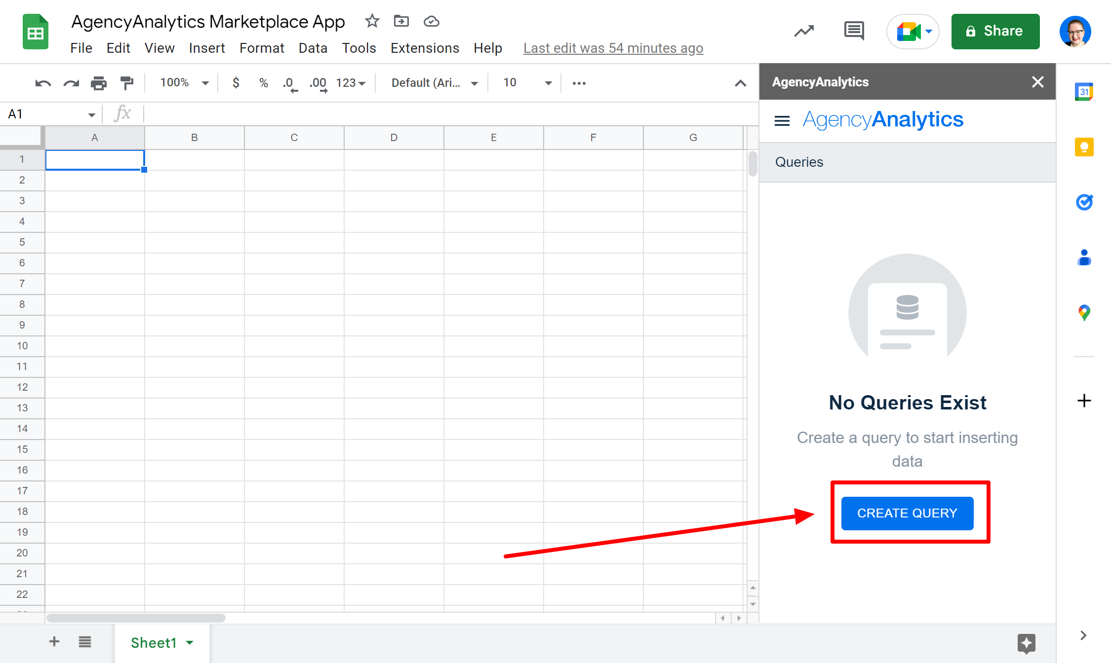 An image showing where to click to start creating a query in AgencyAnalytics for Google Sheets An image showing where to click to start creating a query in AgencyAnalytics for Google Sheets