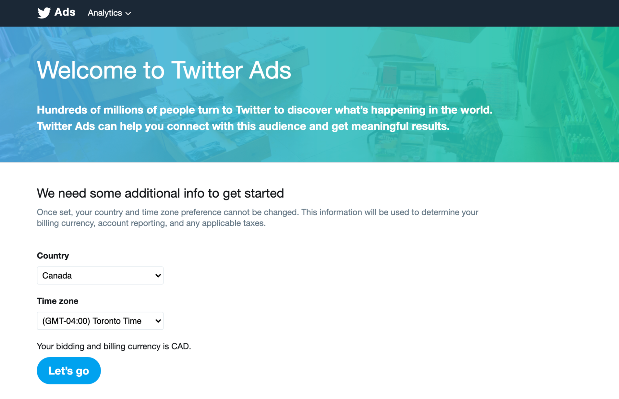 Welcome to Twitter Ads Screenshot