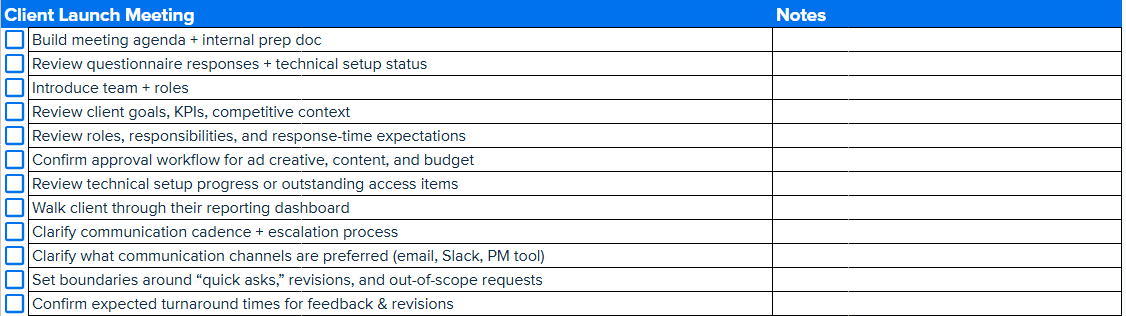 An example of the client launch meeting section from the free client onboarding checklist template An example of the client launch meeting section from the free client onboarding checklist template