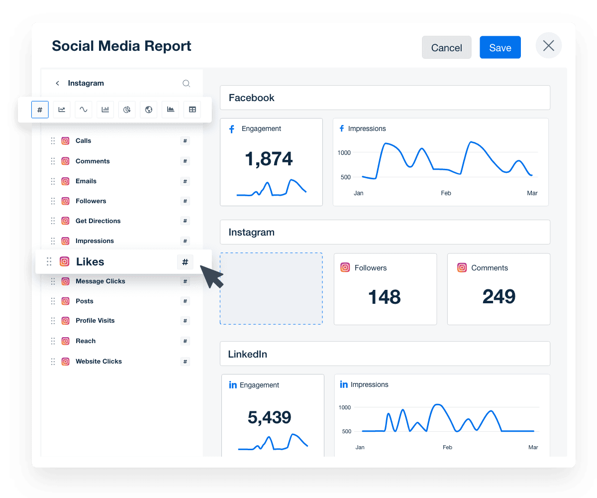 A screenshot highlighting engagement metrics available in a social media report template from AgencyAnalytics A screenshot highlighting engagement metrics available in a social media report template from AgencyAnalytics