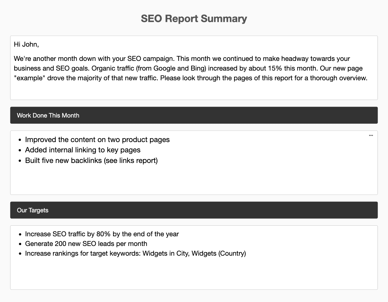 AgencyAnalytics SEO Report Summary