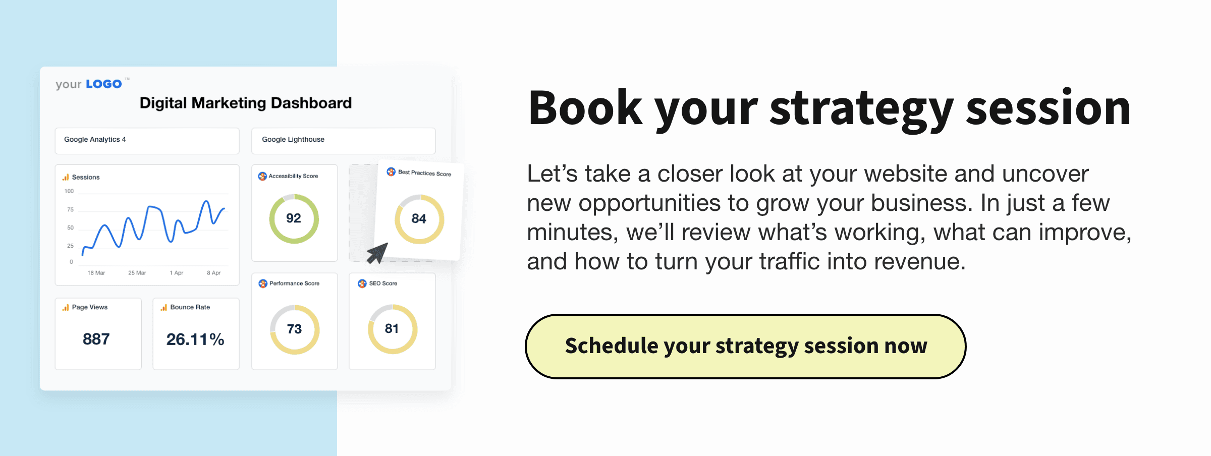 An example of a marketing agency popup promoting a free strategy session and showing the drag-and-drop reporting software An example of a marketing agency popup promoting a free strategy session and showing the drag-and-drop reporting software