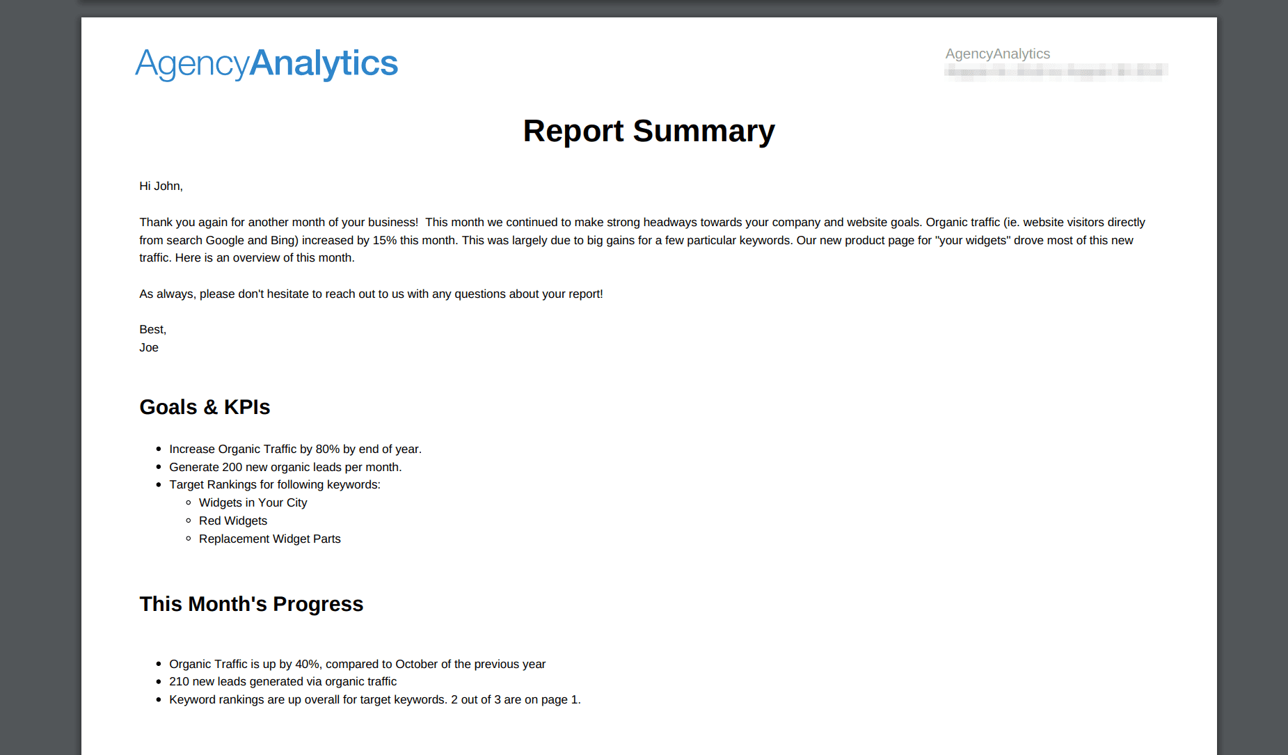 Marketing report summary