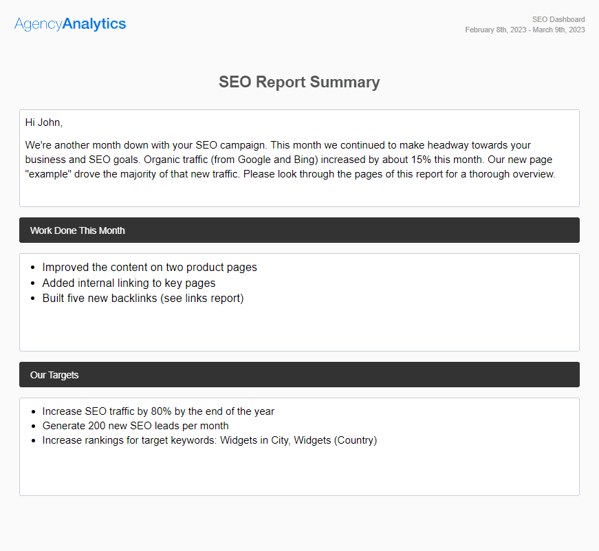An example of an SEO Analytics Report Summary An example of an SEO Analytics Report Summary
