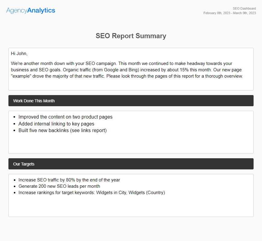 SEO Report Summary - AgencyAnalytics