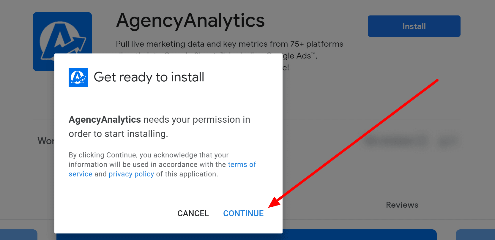 An image showing how to confirm permissions for AgencyAnalytics for Google Sheets installation