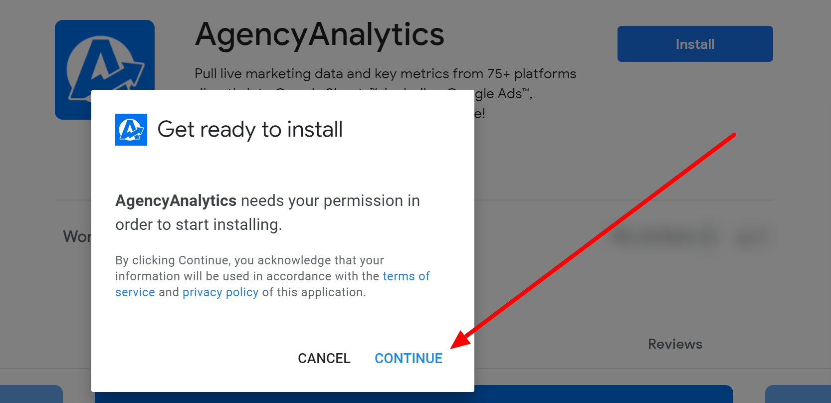 An image showing how to confirm permissions for AgencyAnalytics for Google Sheets installation An image showing how to confirm permissions for AgencyAnalytics for Google Sheets installation
