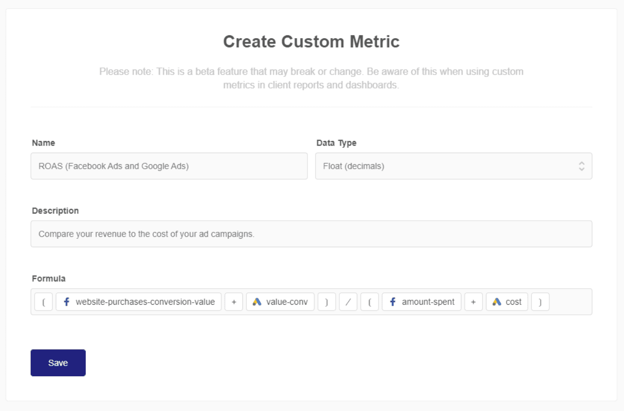 Formula calculating ROAS from PPC in a custom metric