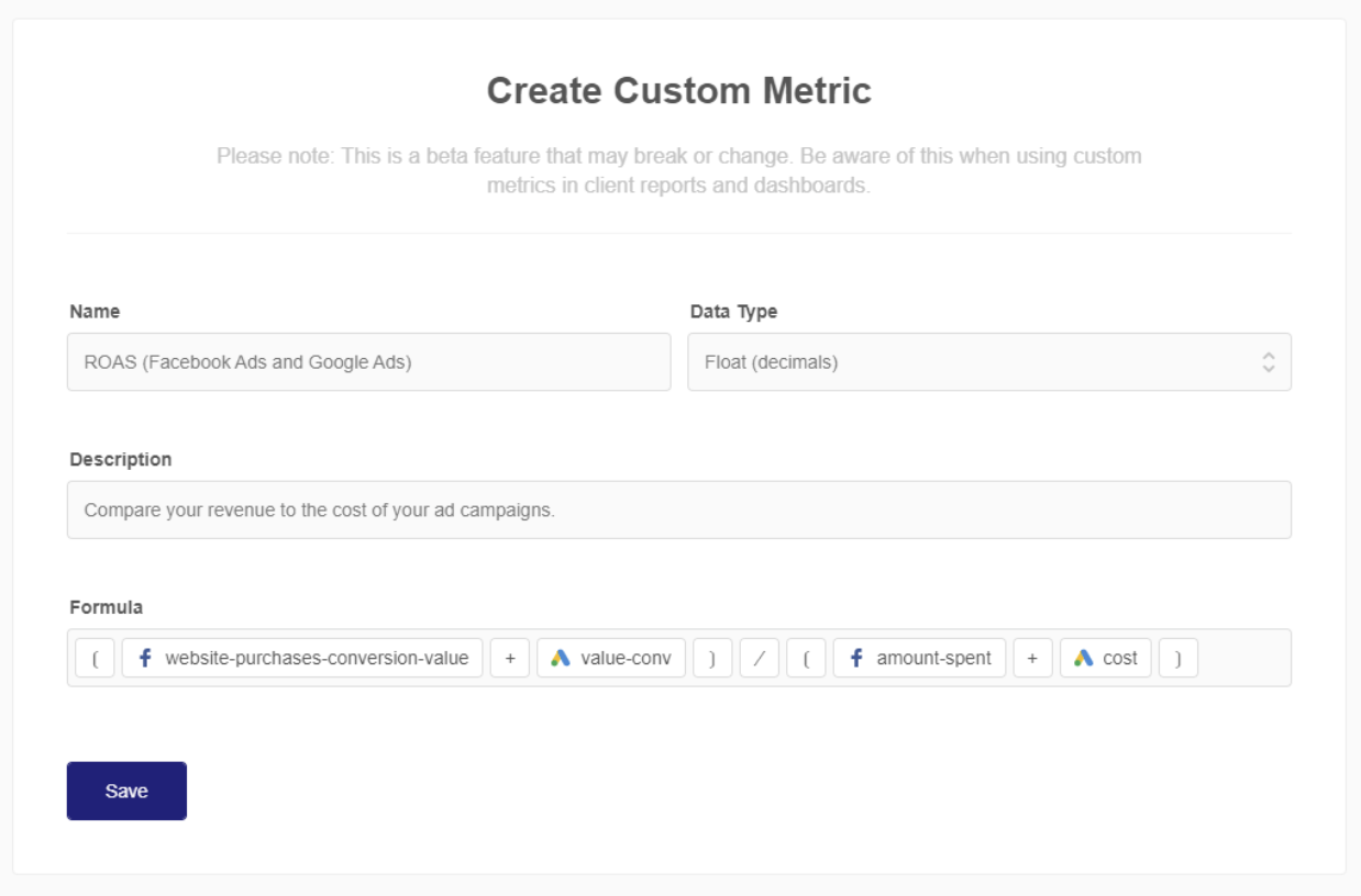 Formula calculating ROAS from PPC in a custom metric