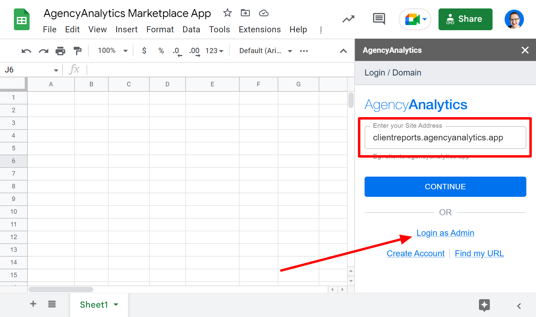 An image showing how to login to AgencyAnalytics from the Google Sheets sidebar