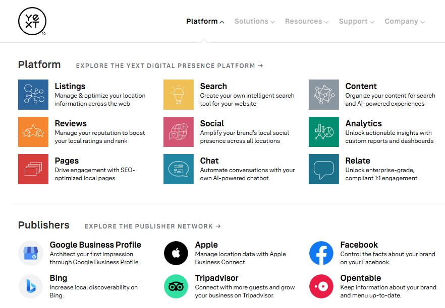 A screenshot of the Yext main navigation the core features of the Yext platform A screenshot of the Yext main navigation the core features of the Yext platform