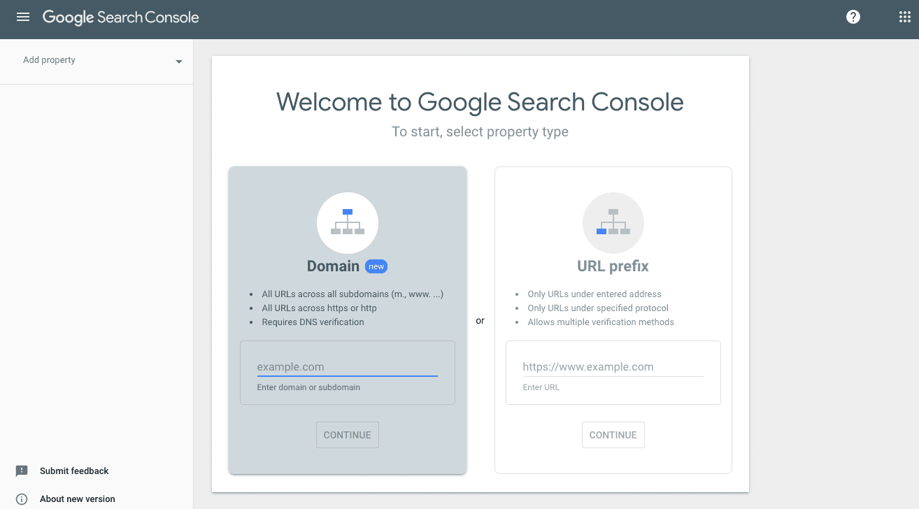 Google Search Console setup screen