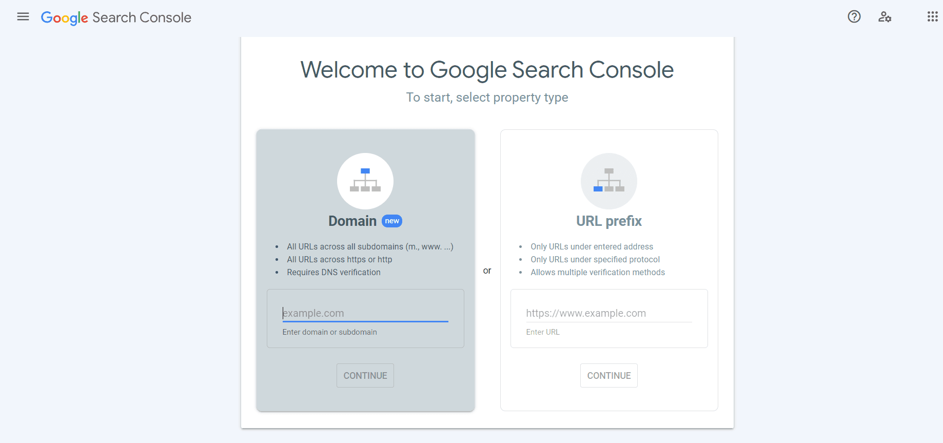 Google Search Console setup screen