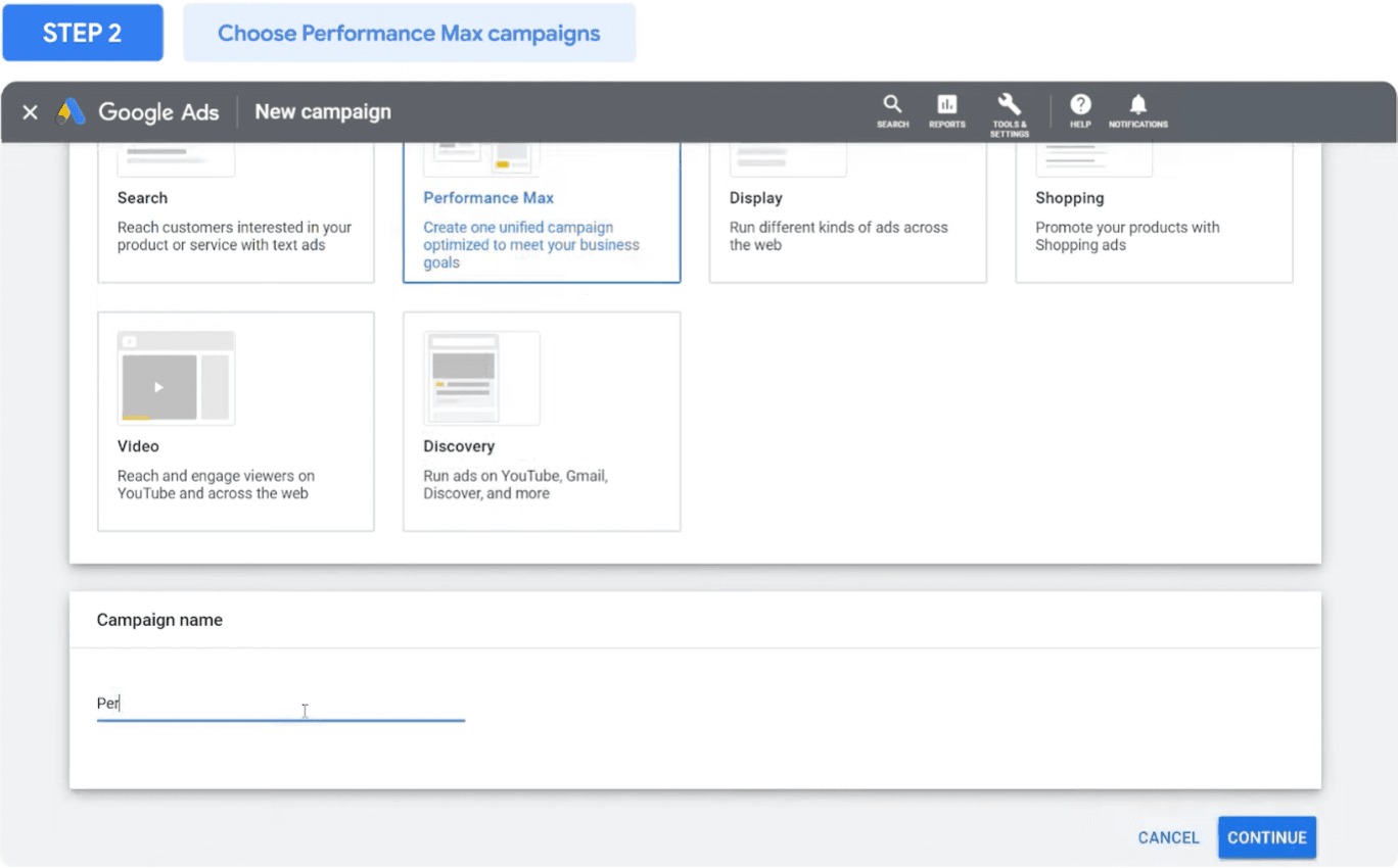 Step 2: Choose Performance Max Campaigns