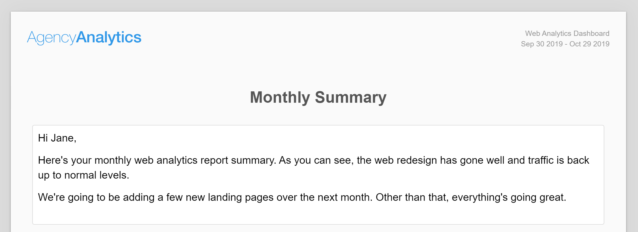 web analytics monthly summary