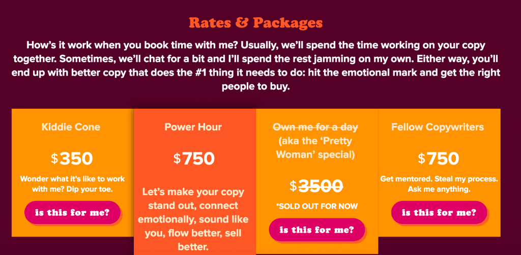 A sample pricing table of agency pricing rates & packages