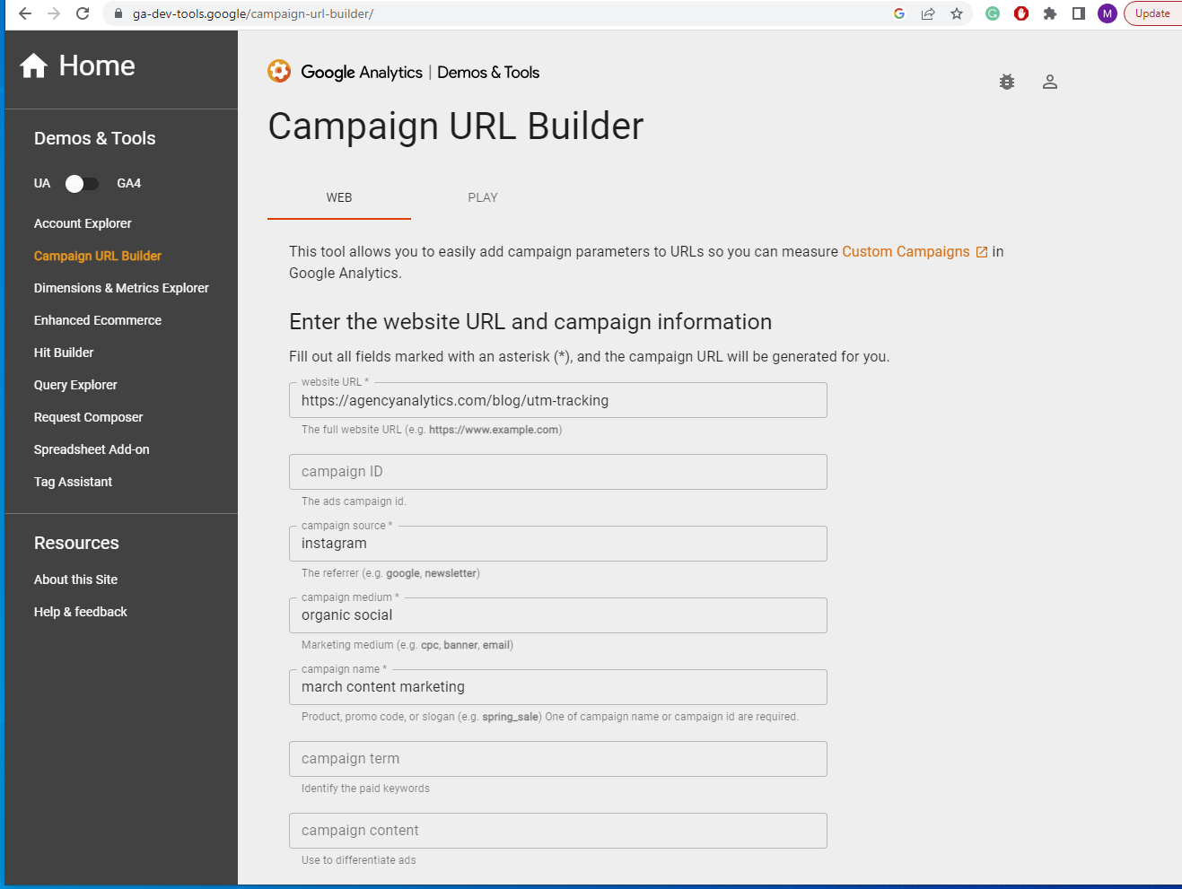 A screenshot of the campaign URL builder from Google Analytics