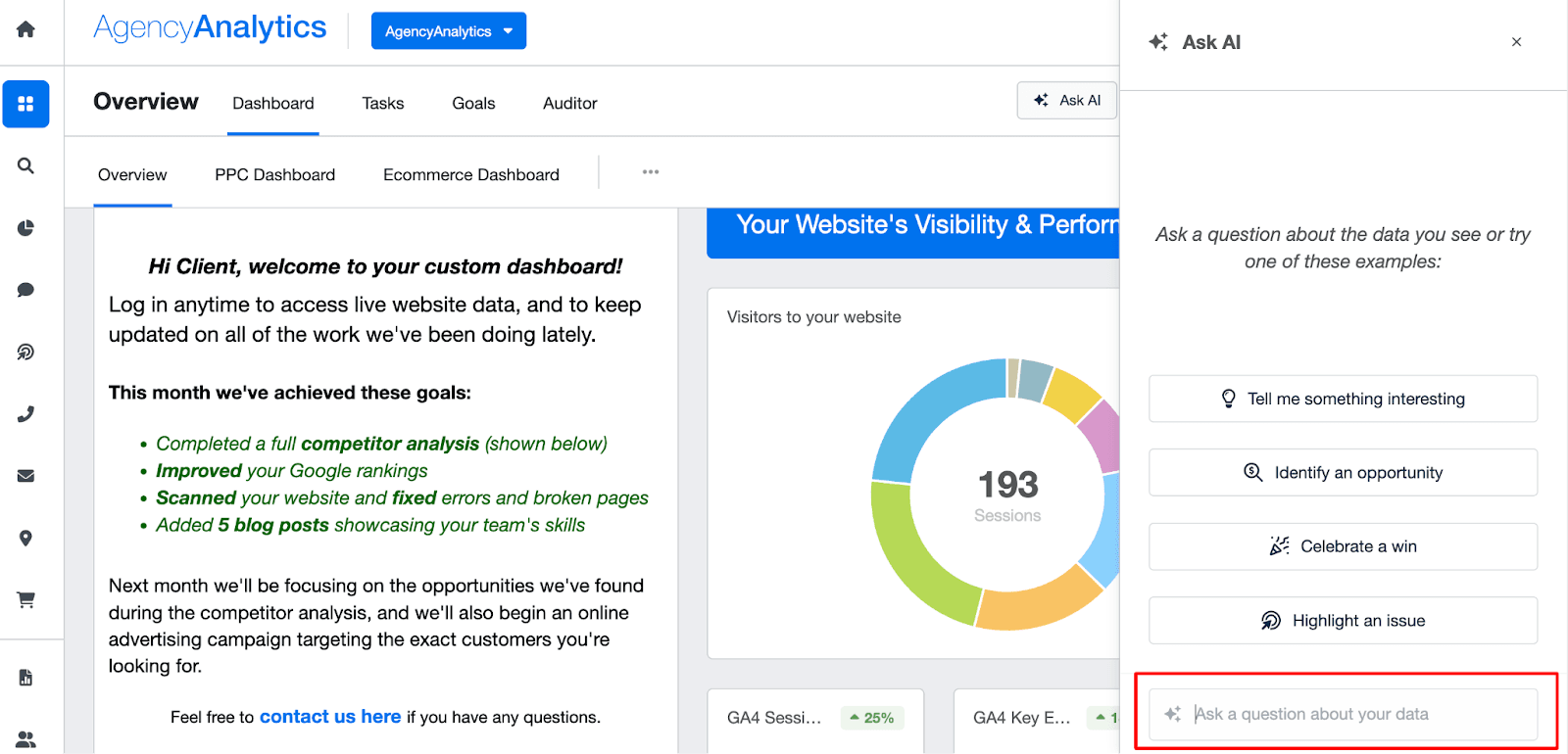 Asking a question in the AgencyAnalytics Ask Ai feature Asking a question in the AgencyAnalytics Ask Ai feature
