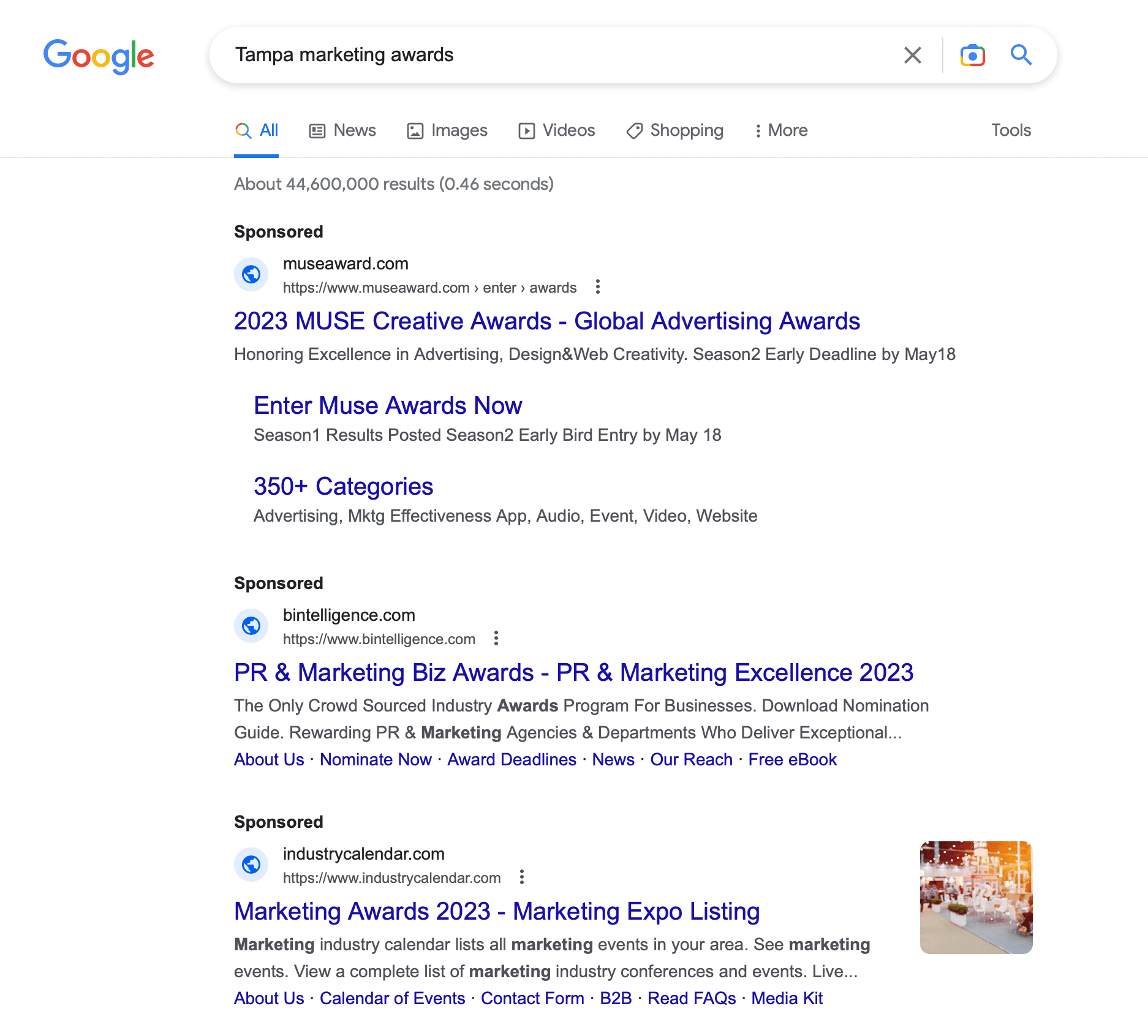 example of a google search for local digital marketing awards 