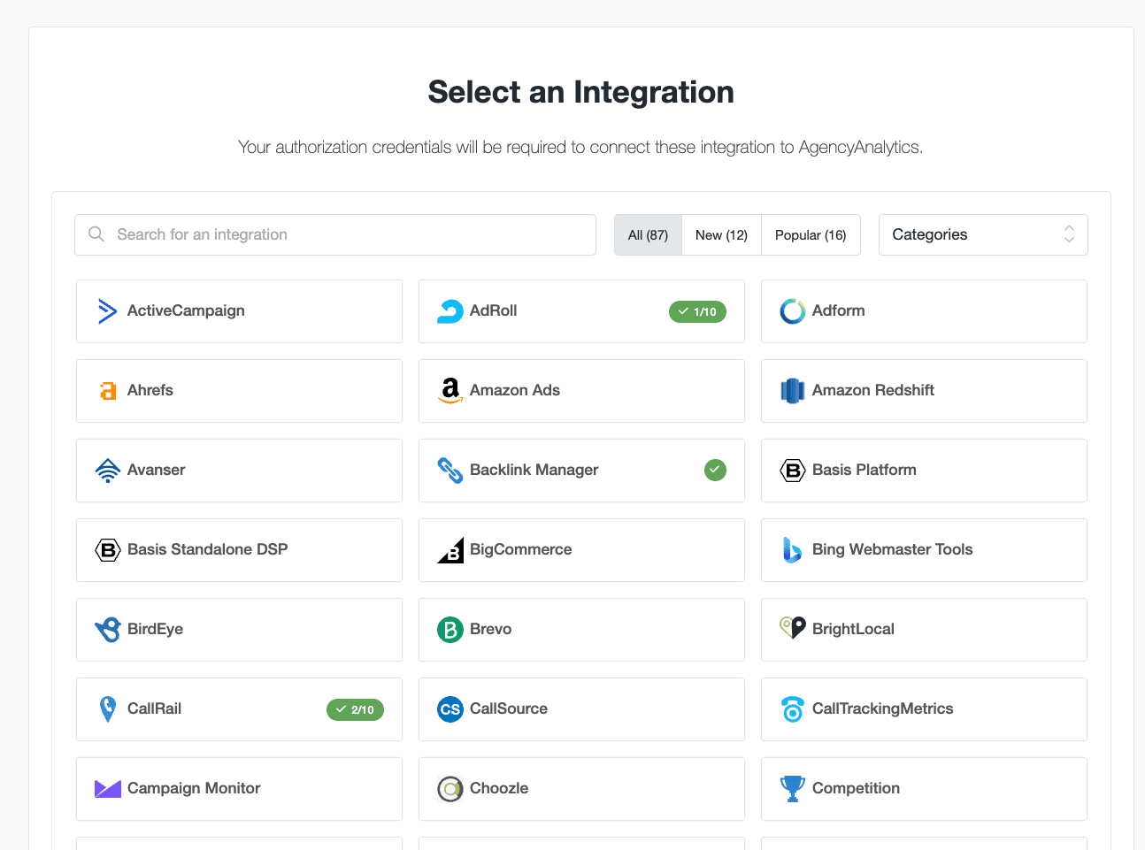 AgencyAnalytics Integration List AgencyAnalytics Integration List