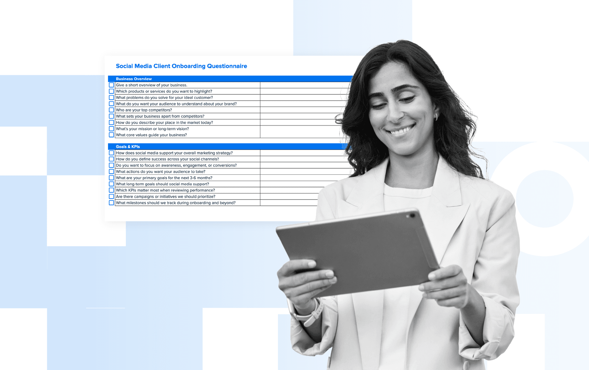 Social media client questionnaire for onboarding new clients (+ FREE template) Blog hero image for an article called "Social media client questionnaire for onboarding new clients (+ FREE template)"