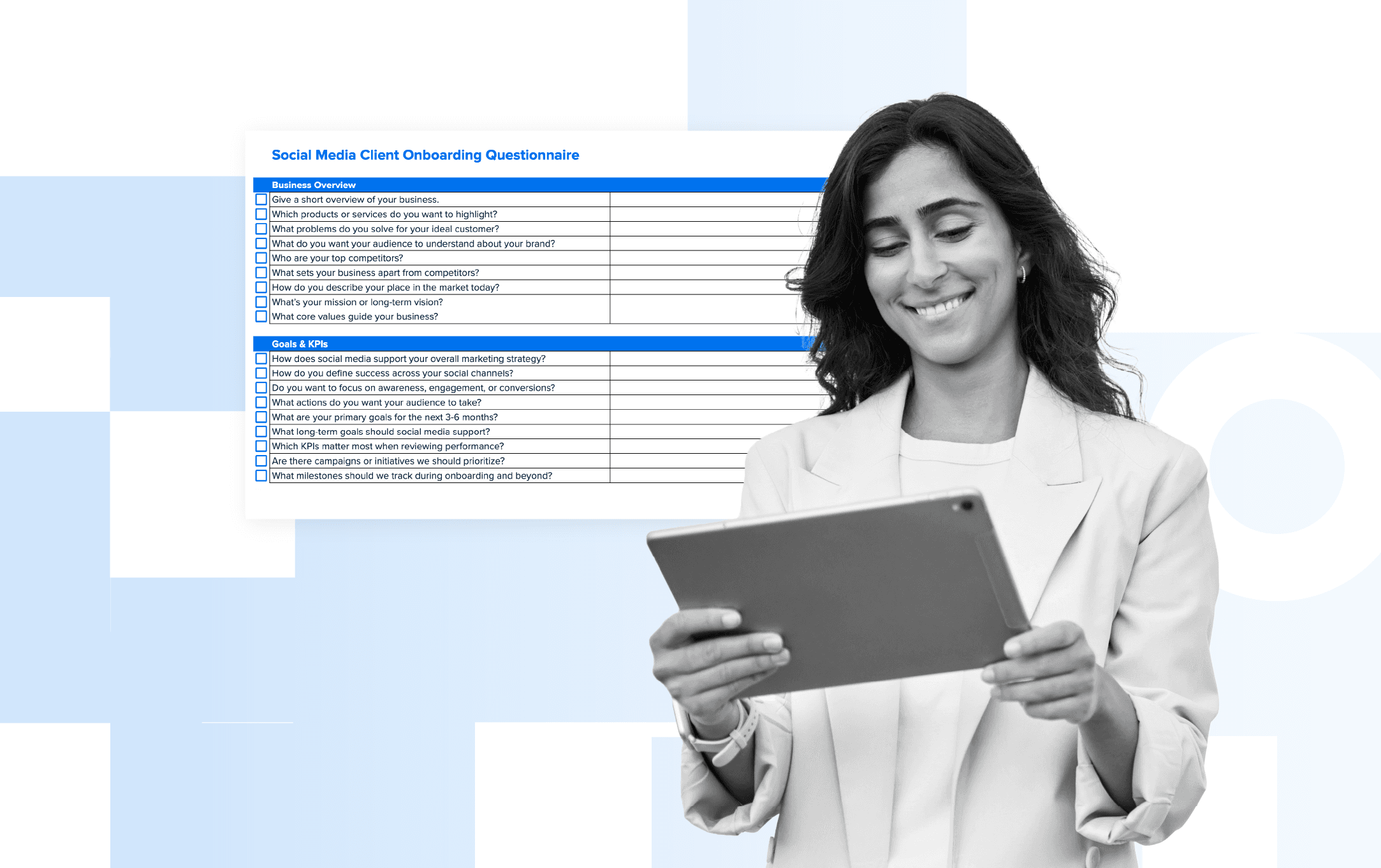 Blog hero image for an article called "Social media client questionnaire for onboarding new clients (+ FREE template)"