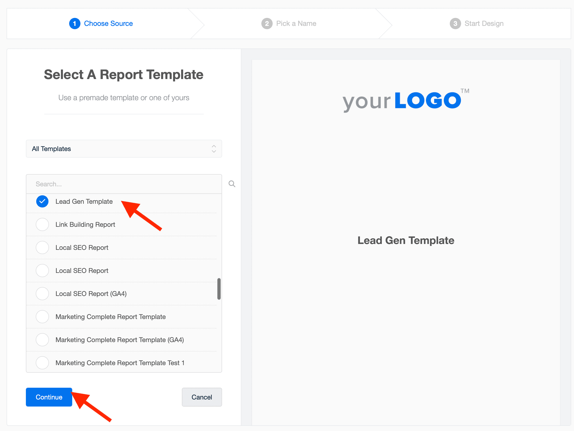 select your template from the drop-down menu