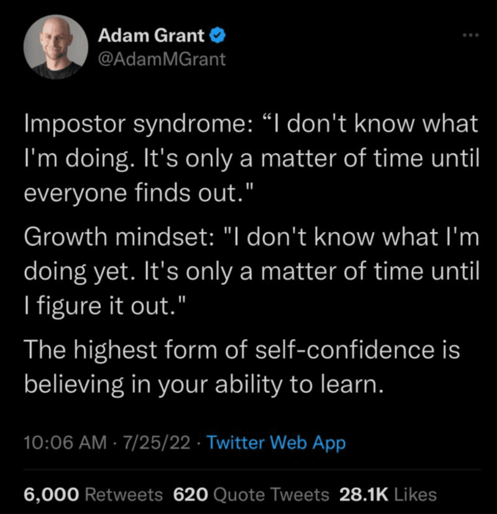 Adam Grant tweet on imposter syndrome. Adam Grant tweet on imposter syndrome.