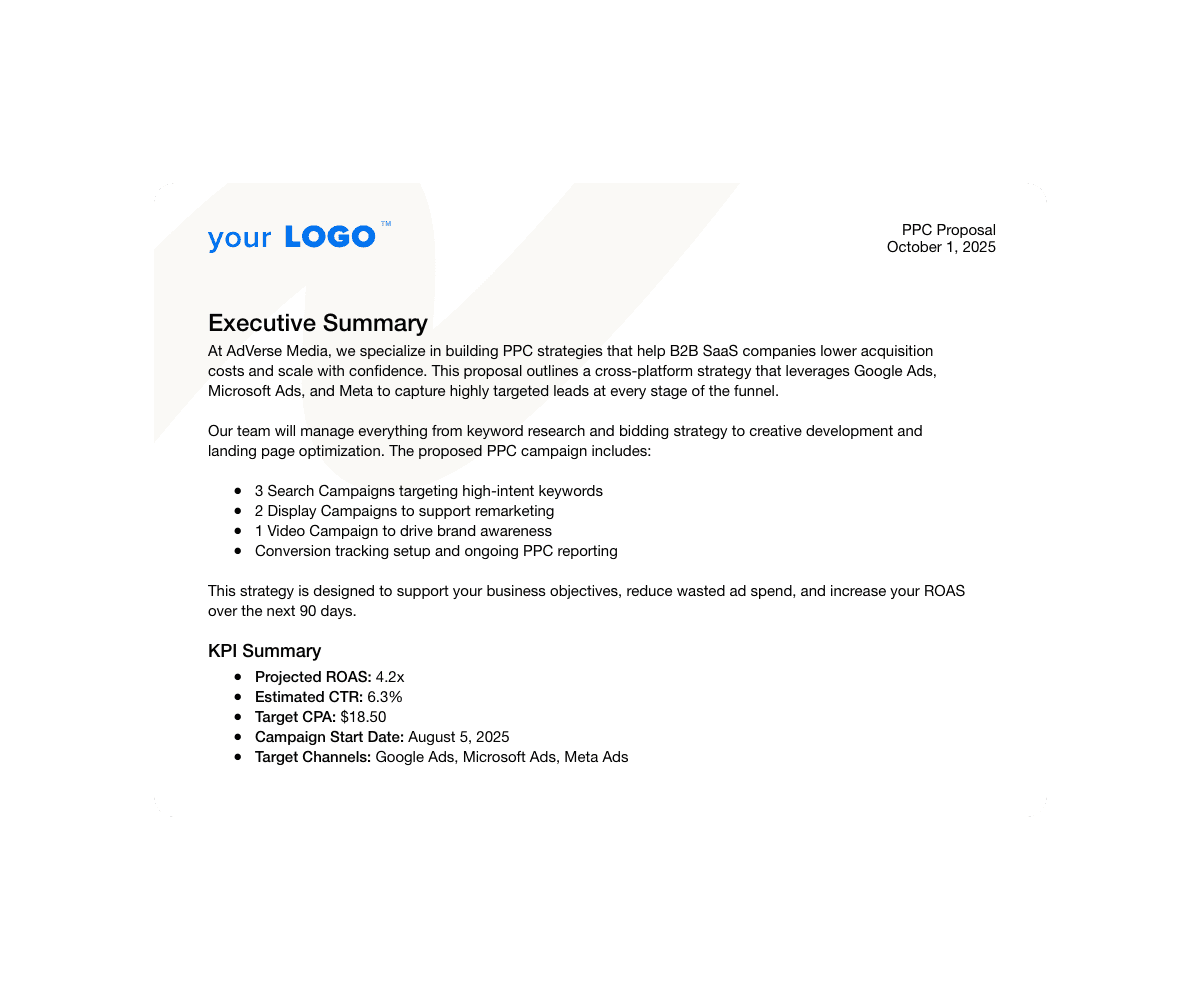 An example of an executive summary in a PPC proposal template An example of an executive summary in a PPC proposal template