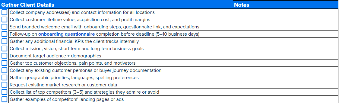 An example of the client details section from the free client onboarding checklist An example of the client details section from the free client onboarding checklist