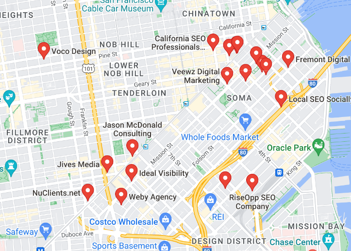 Screenshot of Google Maps showing SEO Agencies in San Francisco